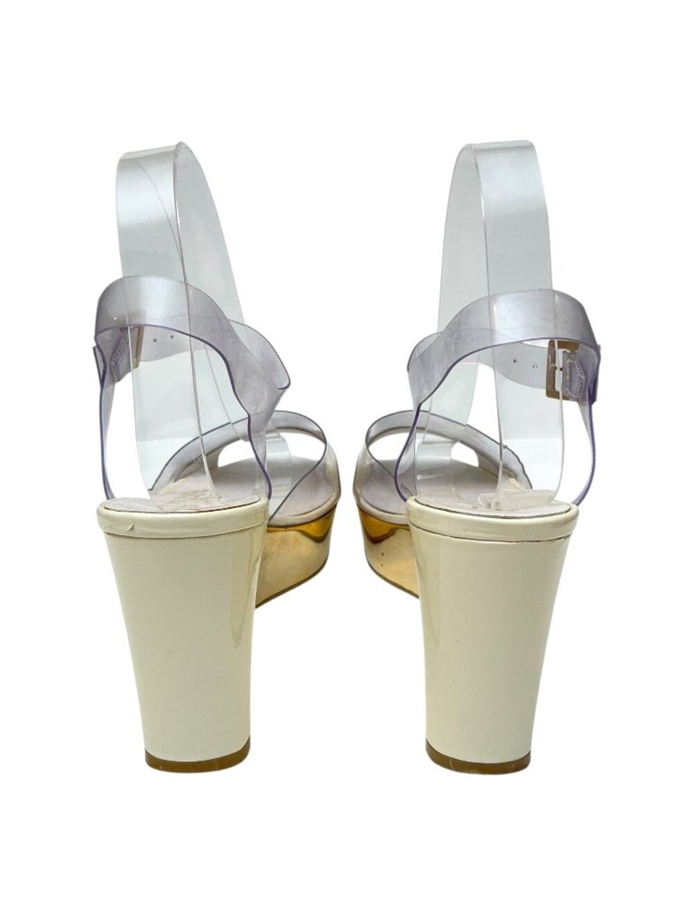 CHANEL Vintage Gold Wedge Platforms With PVC Straps sz 9.5 - Picture 10 of 16